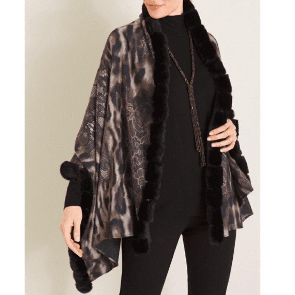 Chico’s Reversible Black and Gray Faux Fur Trimmers Ponchol Shawl Wrap, OS